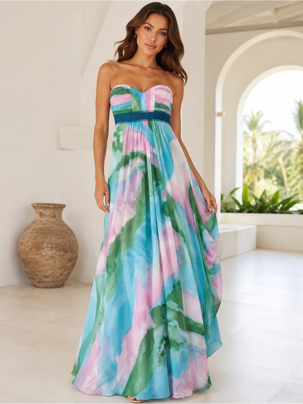BCBGMAXAZRIA 100% Silk Strapless Watercolor Maxi Dress Size 0